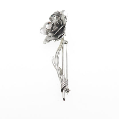 CARL ART 925 Sterling Silver Antique Art Deco Rose Flower Oxidized Pin Brooch