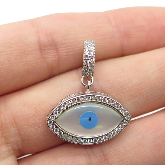 925 Sterling Silver Real Mother-of-Pearl C Z Enamel Evil Eye Dangling Bead Charm