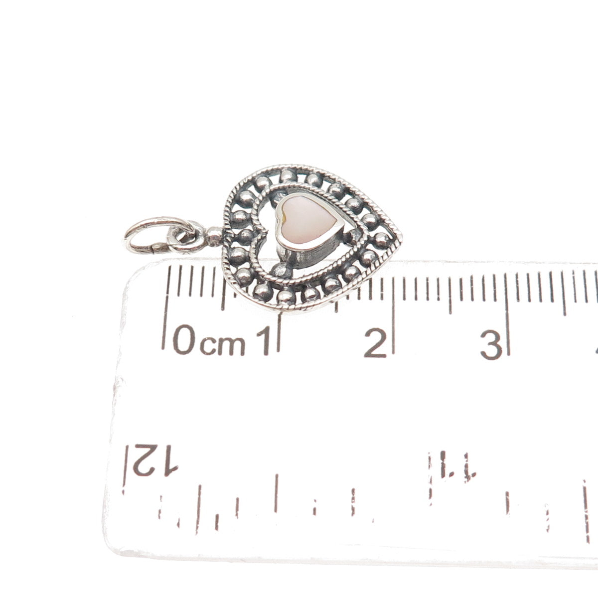 925 Sterling Silver Vintage Real MOP Heart Oxidized Beaded Mini Charm Pendant