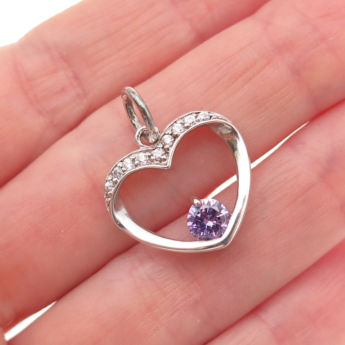 925 Sterling Silver Round-Cut Purple & White C Z Heart Mini Charm Pendant