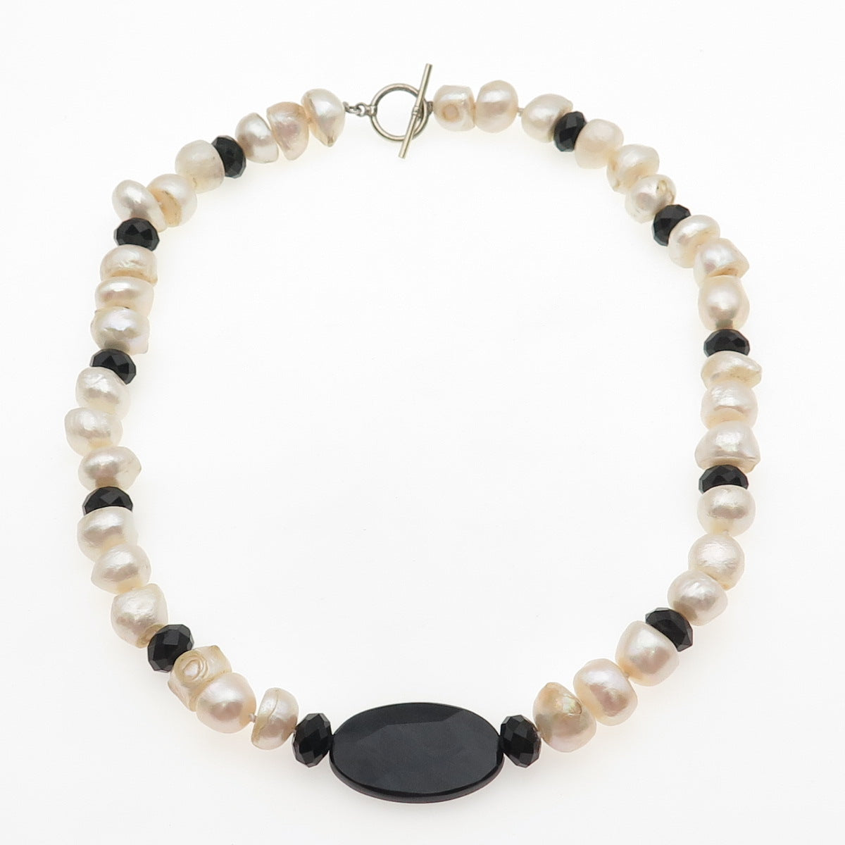 925 Sterling Silver Vintage Real Baroque Pearl & Black Onyx Beaded Necklace 18"