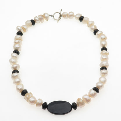 925 Sterling Silver Vintage Real Baroque Pearl & Black Onyx Beaded Necklace 18"