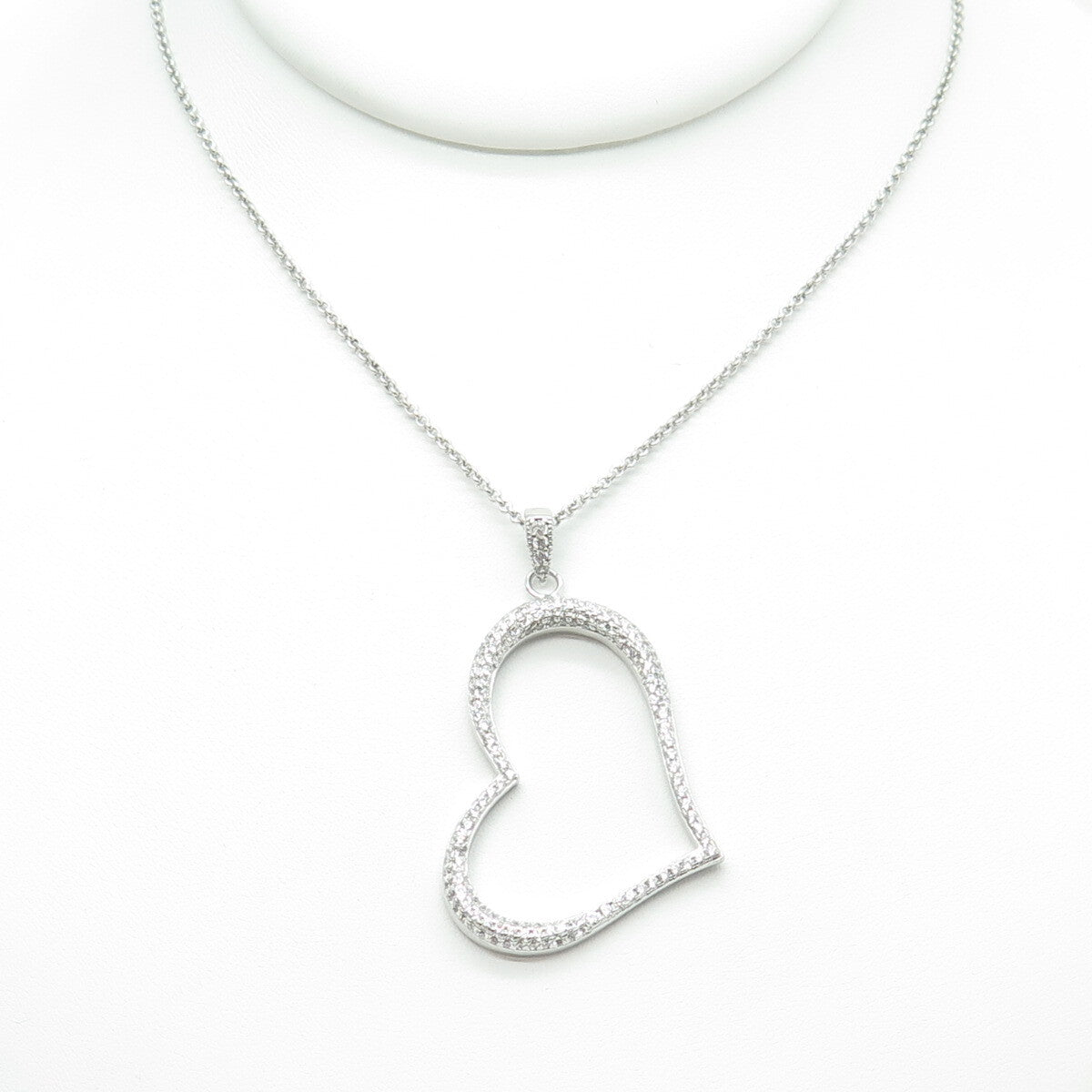 925 Sterling Silver Italy Round-Cut C Z Heart Rolo Chain Necklace 18"