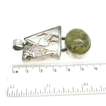 925 Sterling Silver Vintage Southwestern Abalone Shell Green Amber Lion Pendant