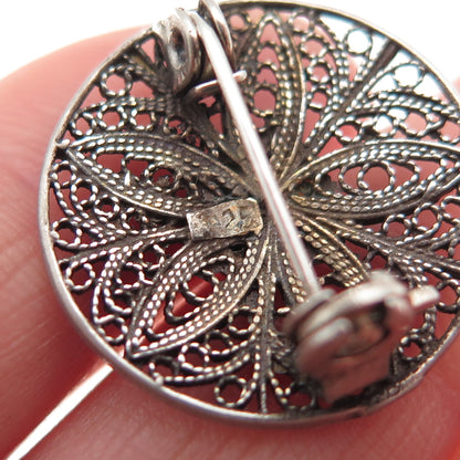 925 Sterling Silver Vintage Real Turquoise Floral Filigree Oxidized Pin Brooch