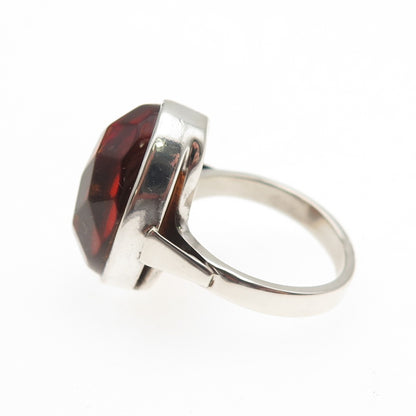 925 Sterling Silver Vintage LJ Poland Real Amber Modernist Ring Size 6.25