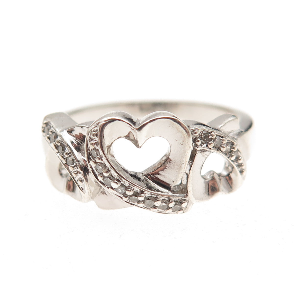 925 Sterling Silver Real Round-Cut Diamond Open Heart Ring Size 7
