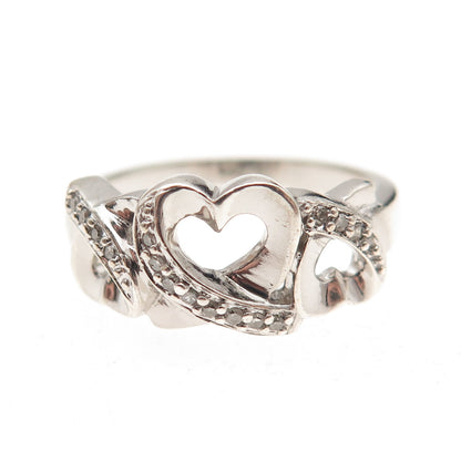 925 Sterling Silver Real Round-Cut Diamond Open Heart Ring Size 7