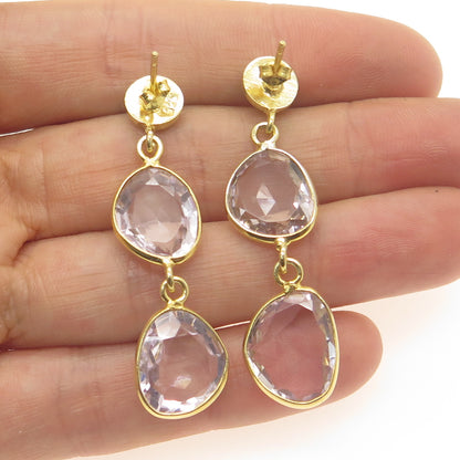 925 Sterling Silver Gold Plated Vintage Amethyst Modernist Dangle Earrings