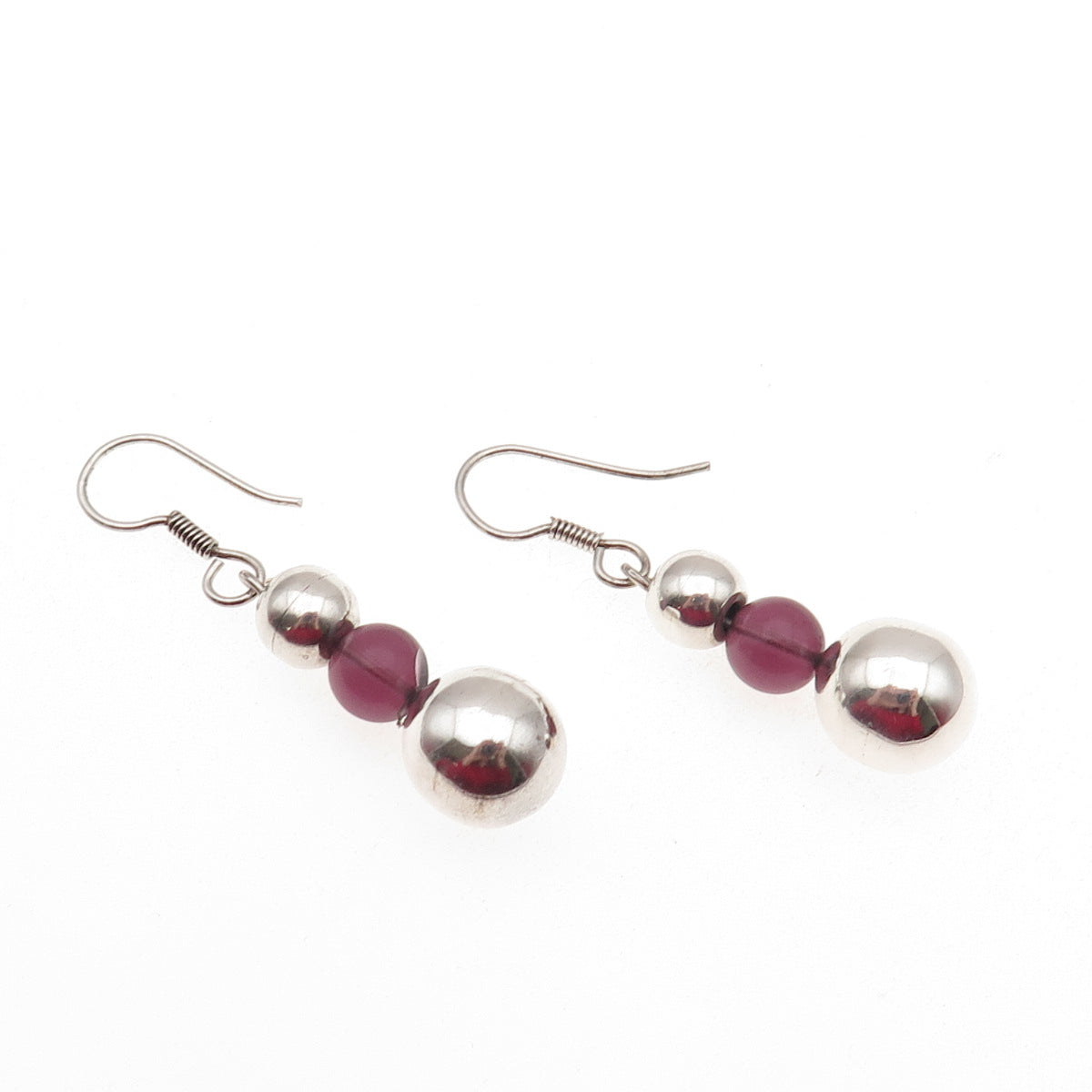 925 Sterling Silver Vintage Real Tourmaline Ball Beaded Dangle Earrings