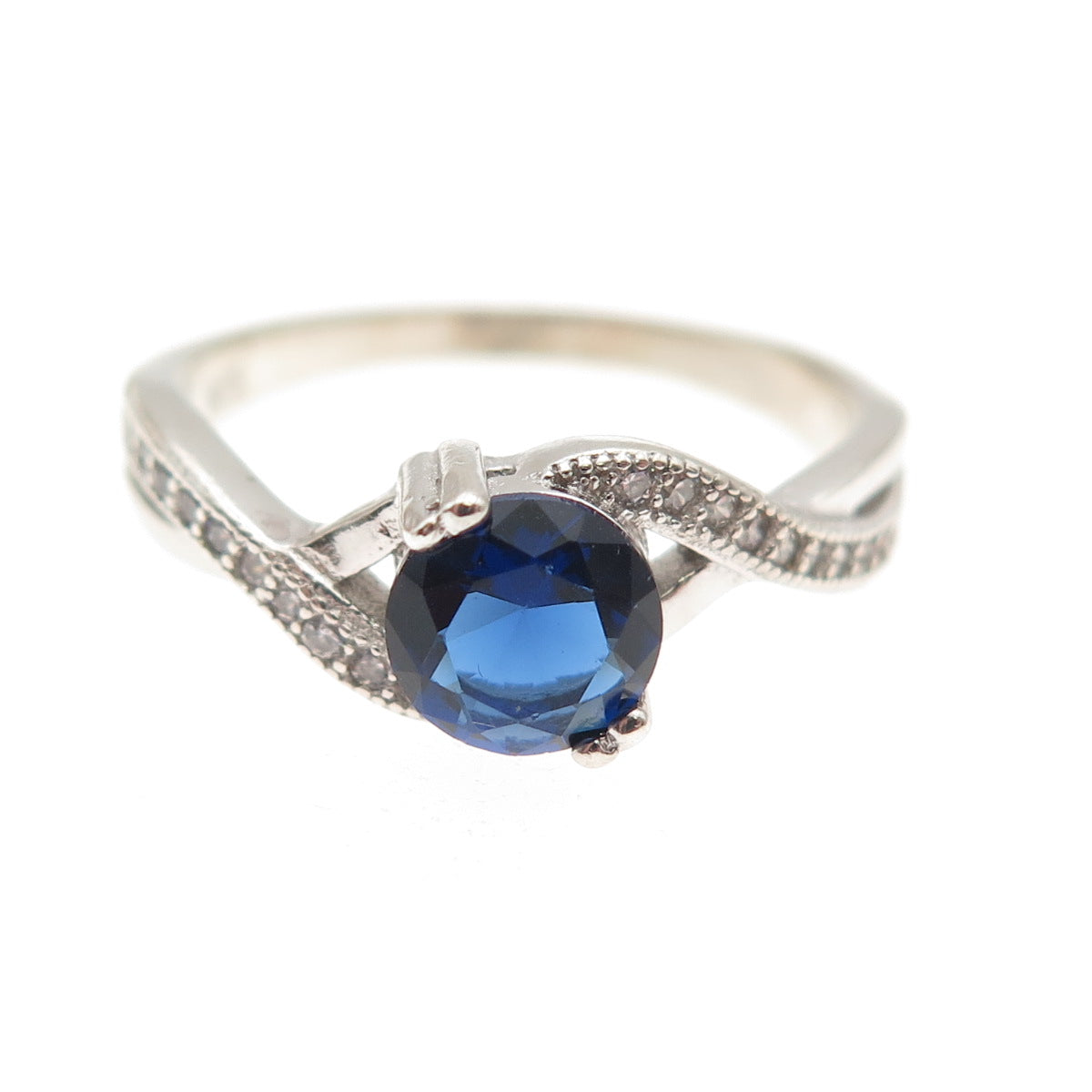 925 Sterling Silver Round-Cut Blue & White C Z Ring Size 7