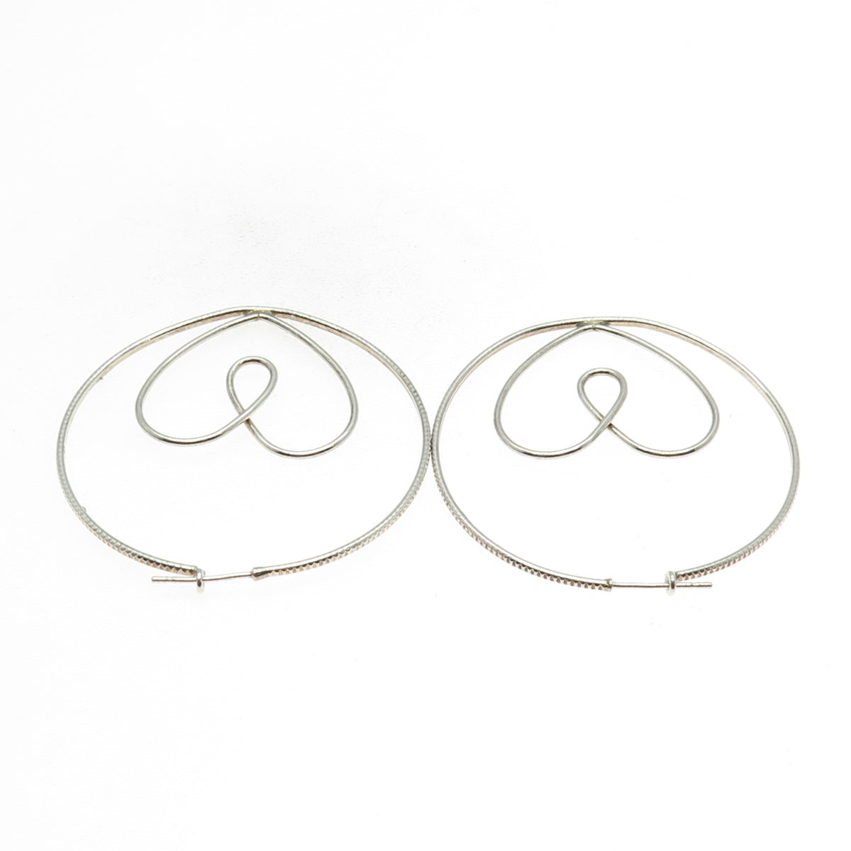 925 Sterling Silver Vintage Open Heart Hinged Hoop Earrings