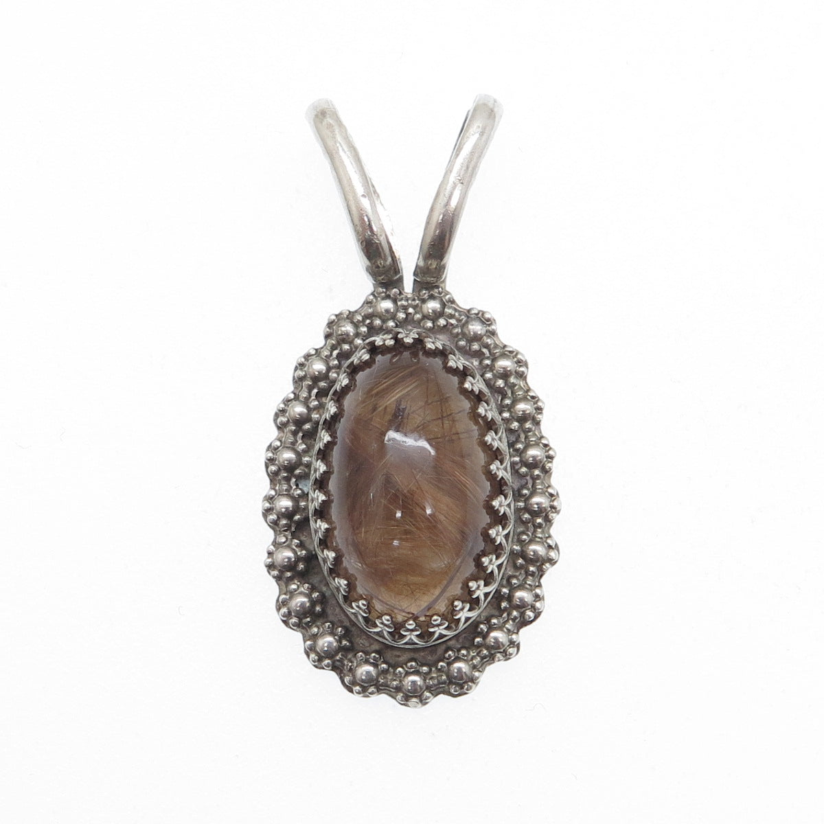 DAVID Sterling Silver Vintage Real Rutilated Quartz Granulated Flower Pendant