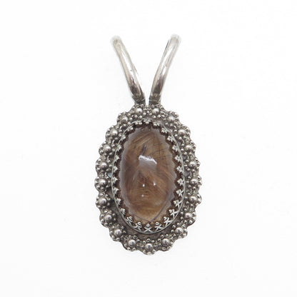DAVID Sterling Silver Vintage Real Rutilated Quartz Granulated Flower Pendant