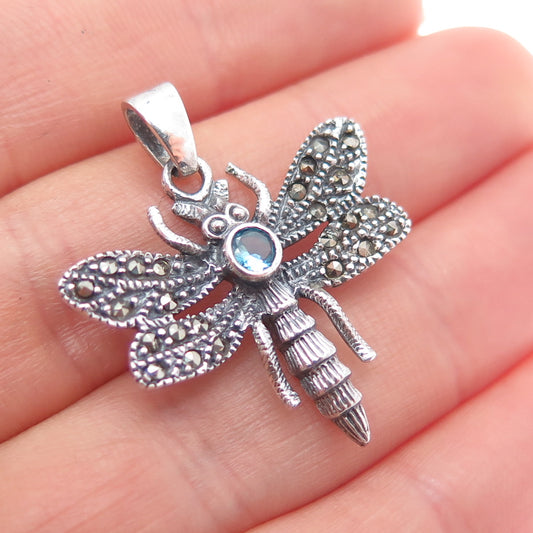 925 Sterling Silver Vintage Real Marcasite & Blue C Z Dragonfly Oxidized Pendant