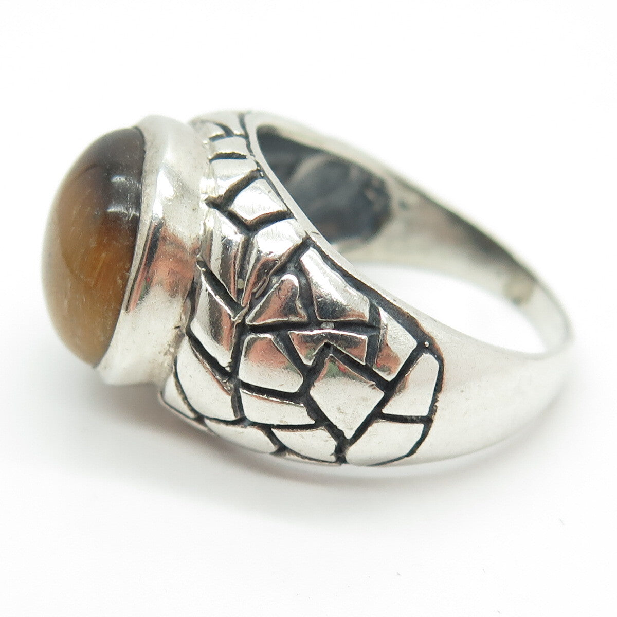 925 Sterling Silver Vintage Real Tiger Eye Gemstone Nugget Ring Size 11.75