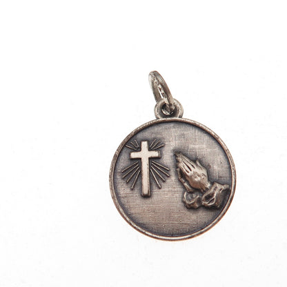 Beau 925 Sterling Silver Vintage Cross Praying Hands Oxidized Charm Pendant