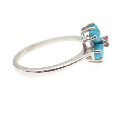 Chuck Clemency 925 Sterling Silver Real Turquoise & Ruby Flower Ring Size 8