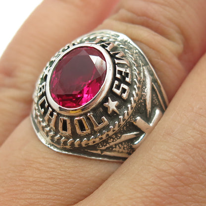 925 Sterling Silver Vintage 1976 Lab-Created Ruby St James School Ring Size 6.25