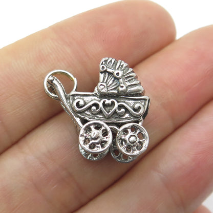 SUNRISE 925 Sterling Silver Vintage Baby Stroller Oxidized 3D Charm Mini Pendant