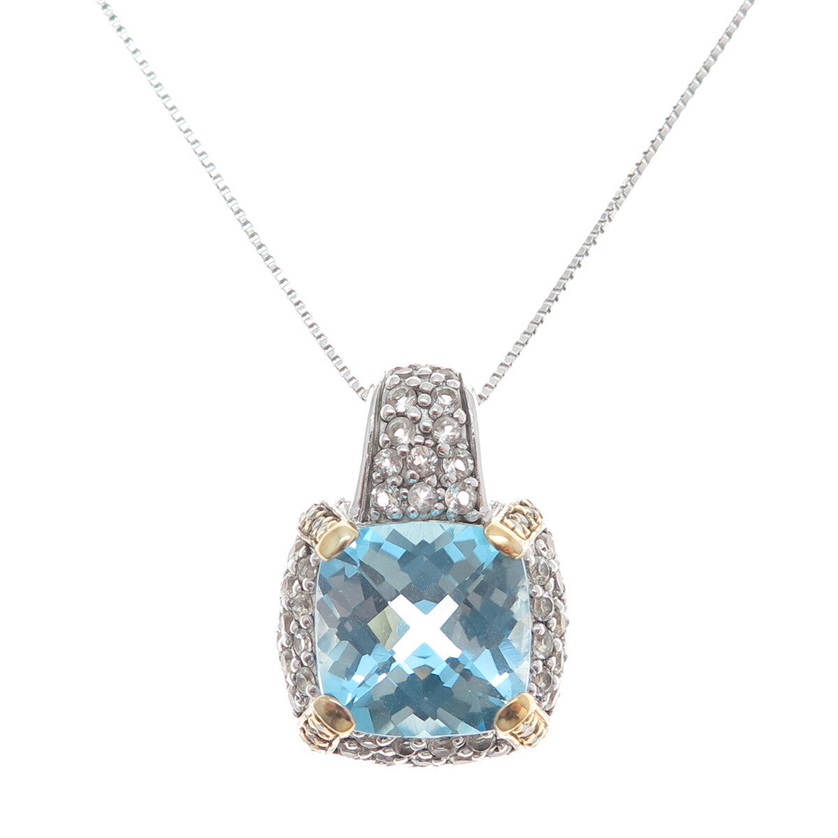 925 Sterling 2-Tone Real Diamond Blue & White Topaz Box Chain Necklace 18"