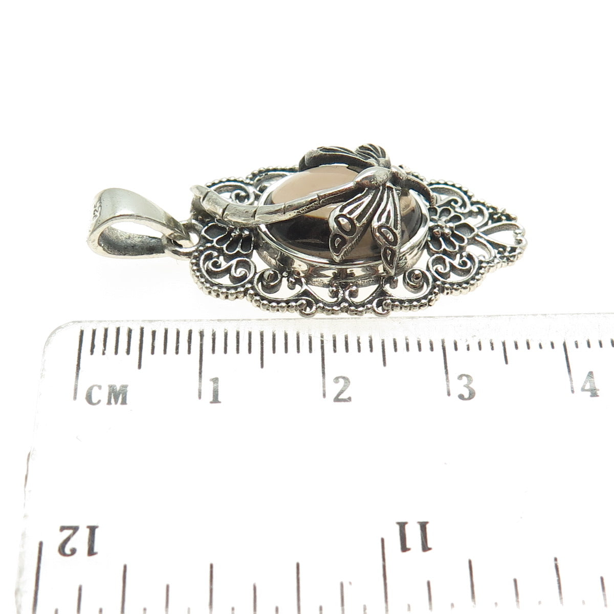 925 Sterling Silver Vintage Real Smoky Quartz Dragonfly Ornate Pendant