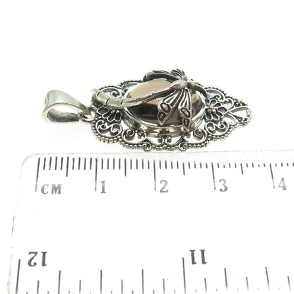 925 Sterling Silver Vintage Real Smoky Quartz Dragonfly Ornate Pendant