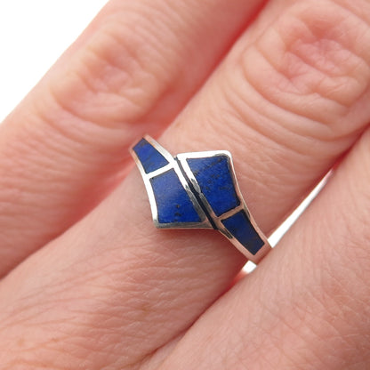 925 Sterling Silver Vintage Real Lapis Bypass Oxidized Ring Size 4.75