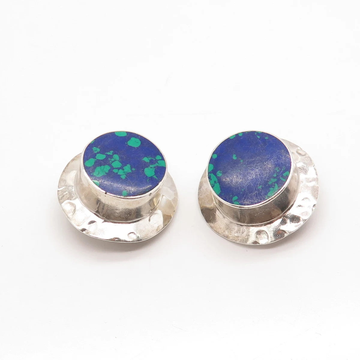 925 Sterling Silver Vintage Mexico Real Azurite Gem Round Clip On Earrings