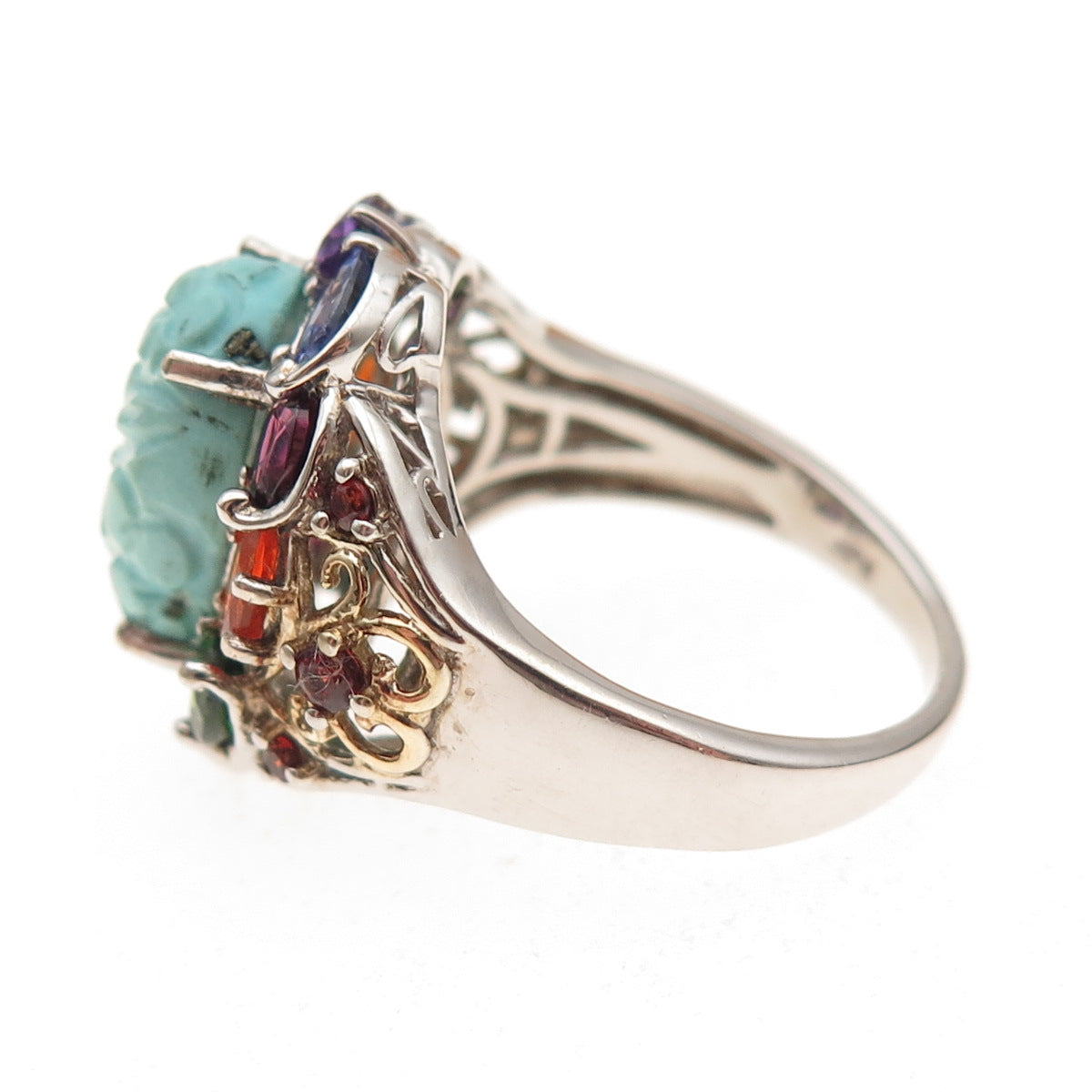 Chuck Clemency 925 Sterling Silver Real Multi-Color Gem Floral Ring Size 8.25