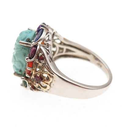 Chuck Clemency 925 Sterling Silver Real Multi-Color Gem Floral Ring Size 8.25