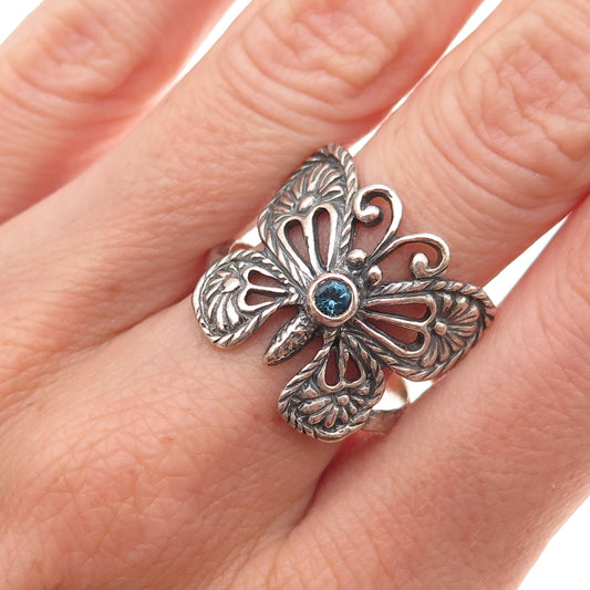 Or Paz PZ 925 Sterling Vintage Israel London Blue Topaz Butterfly Ring Size 10