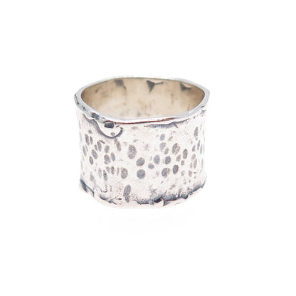 925 Sterling Silver Vintage Modernist Hammered Oxidized Wide Band Ring Size 6.25