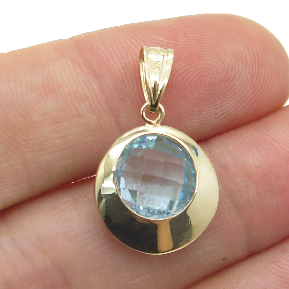 14K Yellow Gold Real Round-Cut Blue Topaz Disc Charm Pendant