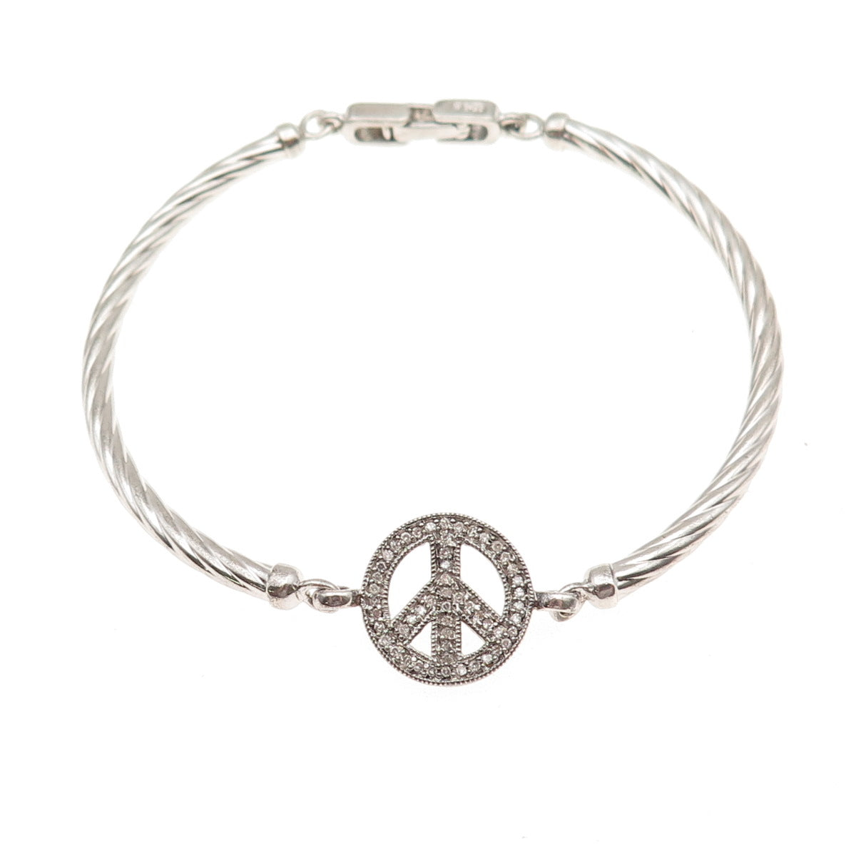 925 Sterling Silver Real Round-Cut Diamond Peace Symbol Bracelet 7"