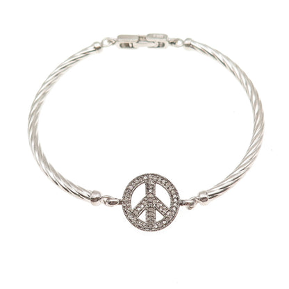 925 Sterling Silver Real Round-Cut Diamond Peace Symbol Bracelet 7"