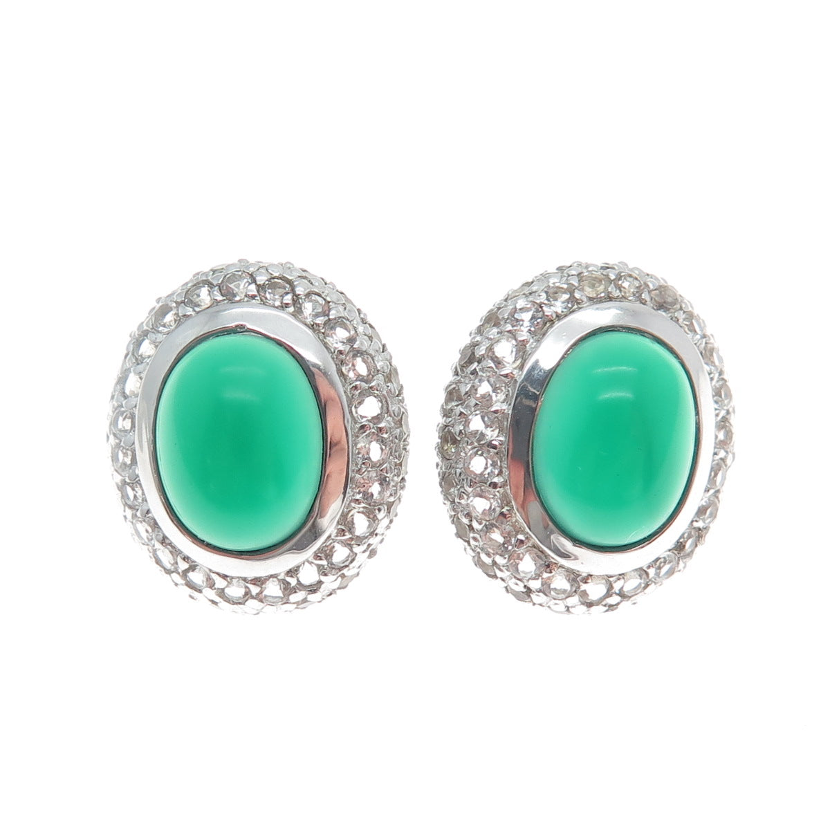 925 Sterling Silver Real Green Chalcedony & White Topaz Earrings