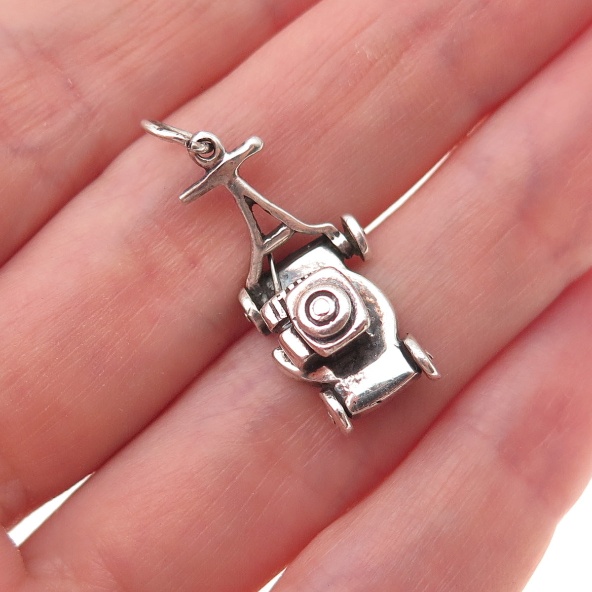 925 Sterling Silver Vintage Lawnmower Oxidized 3D Charm Pendant