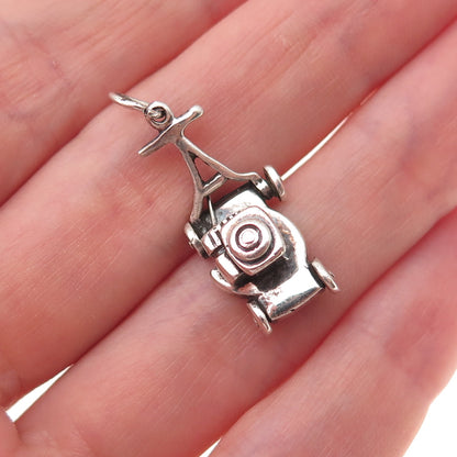 925 Sterling Silver Vintage Lawnmower Oxidized 3D Charm Pendant