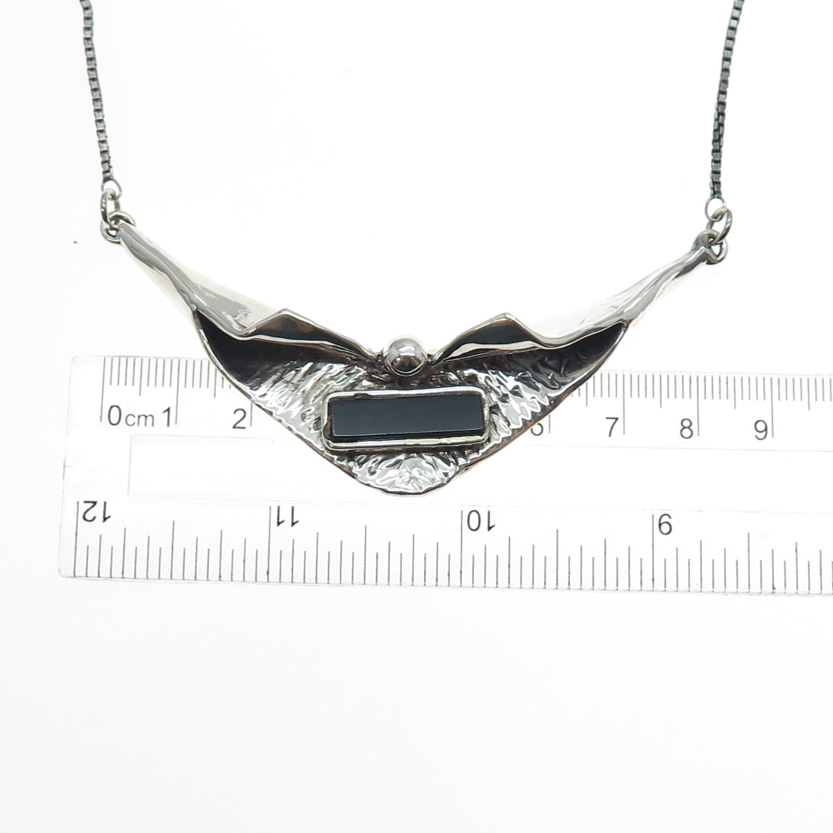 925 Sterling Silver Vintage Real Black Onyx Modernist Box Chain Necklace 18"