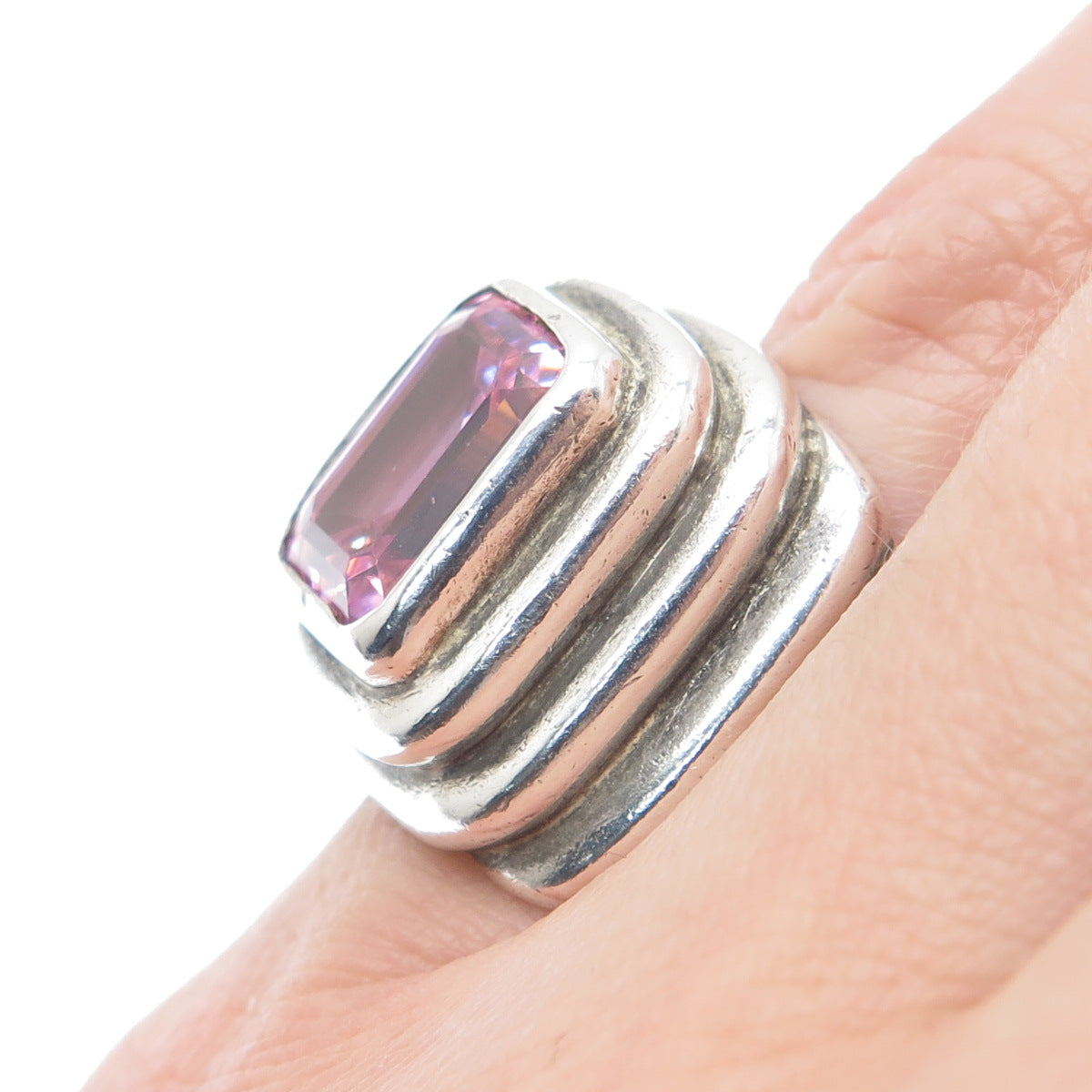 925 Sterling Silver Vintage Emerald-Cut Pink C Z Oxidized Ring Size 5.5