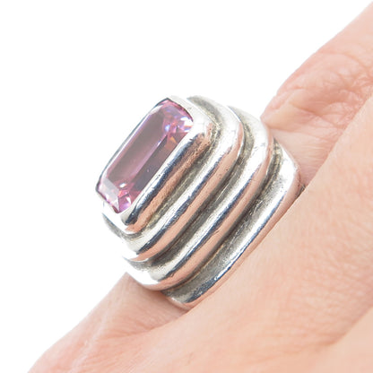 925 Sterling Silver Vintage Emerald-Cut Pink C Z Oxidized Ring Size 5.5