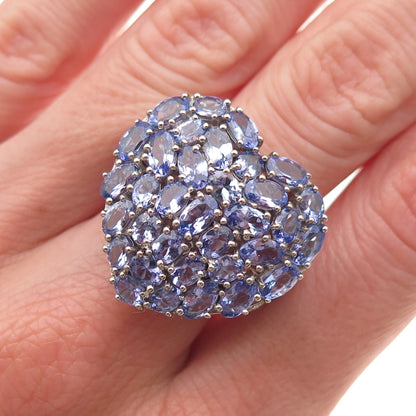 D'Joy 925 Sterling Silver Real Tanzanite & White Topaz Heart Cluster Ring Size 8