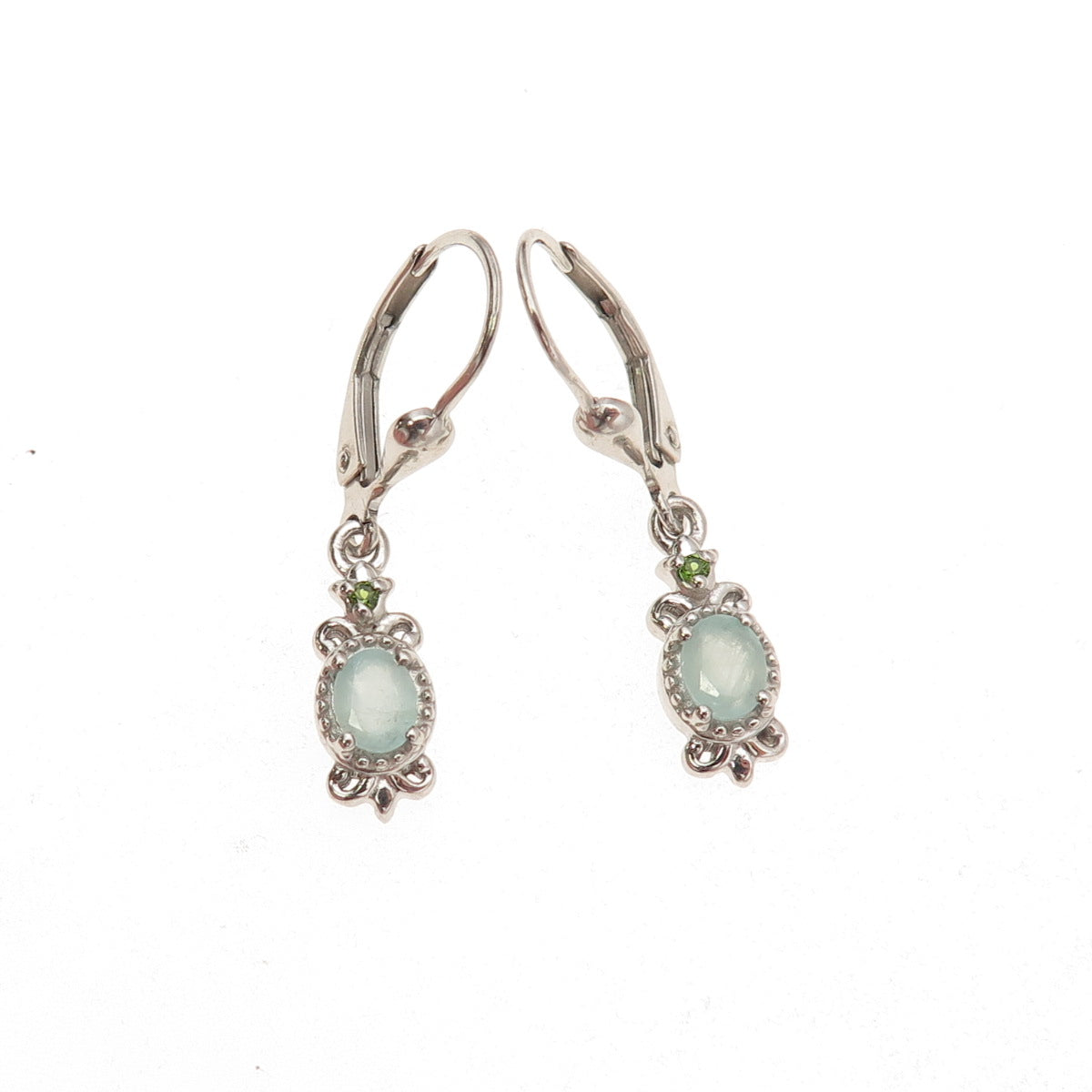 D'Joy 925 Sterling Silver Real Aquamarine & Peridot Fleur de Lis Dangle Earrings