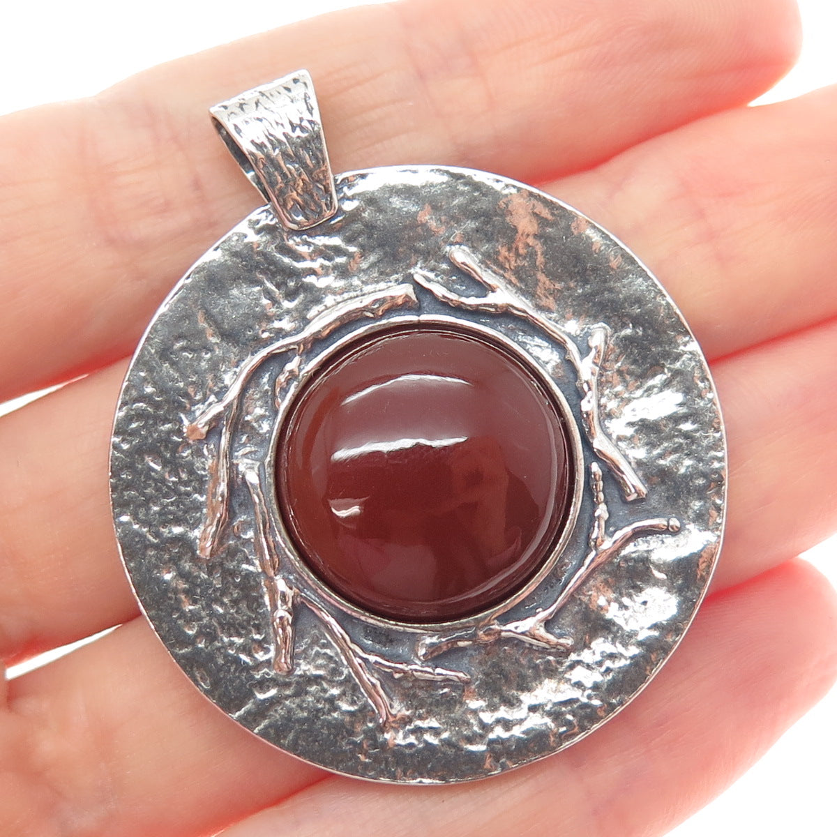 925 Sterling Silver Vintage Israel Real Carnelian Modernist Disc Pendant
