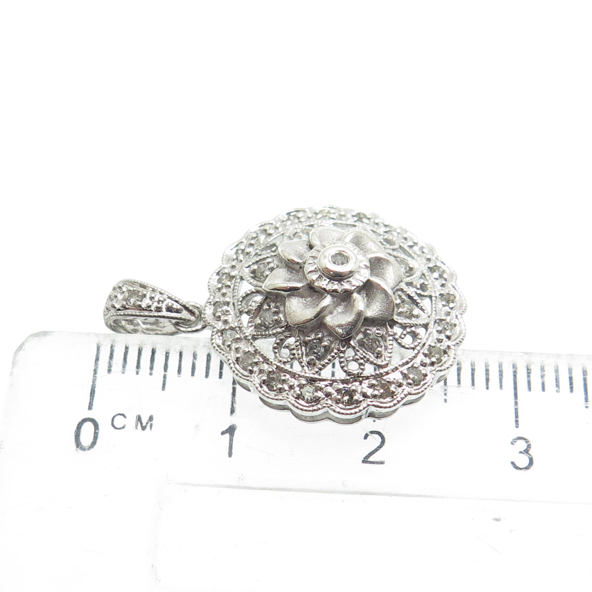 925 Sterling Silver Real Round-Cut Diamond Flower Blossom Pendant