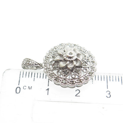 925 Sterling Silver Real Round-Cut Diamond Flower Blossom Pendant