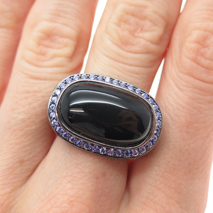 ARZY 925 Sterling Silver Black Rhodium Real Onyx & Purple C Z Ring Size 7.75