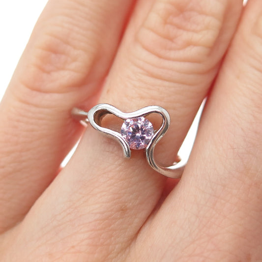 925 Sterling Silver Round-Cut Pink C Z Modernist Heart Ring Size 6.25