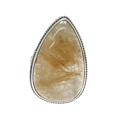 925 Sterling Silver Vintage Real Rutilated Quartz Spiral Oxidized Ring Size 10